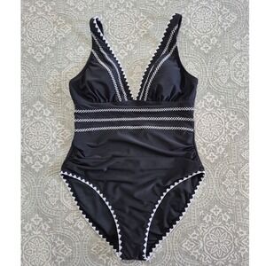 Popvil Black White V-Neck Ruched One Piece Swimsuit Large NWT Size L